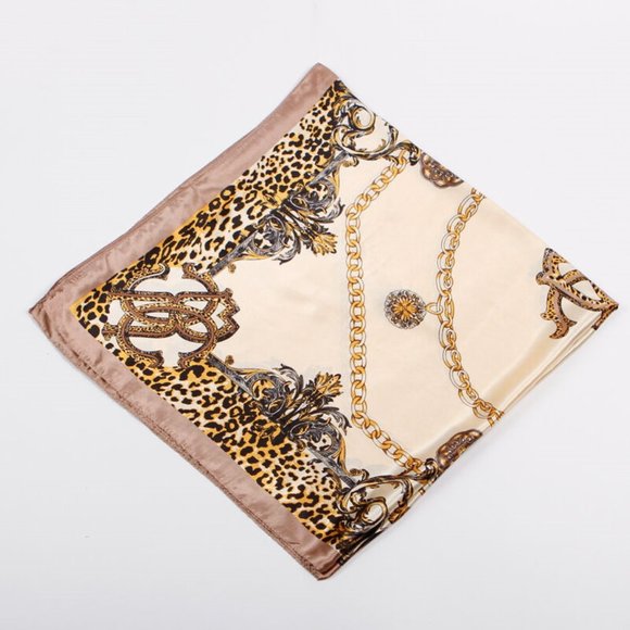 ❤️5/$15💚 Animal Print and Chains Cream Tan Gold Satin Square Scarf Hair Tie - Picture 3 of 4